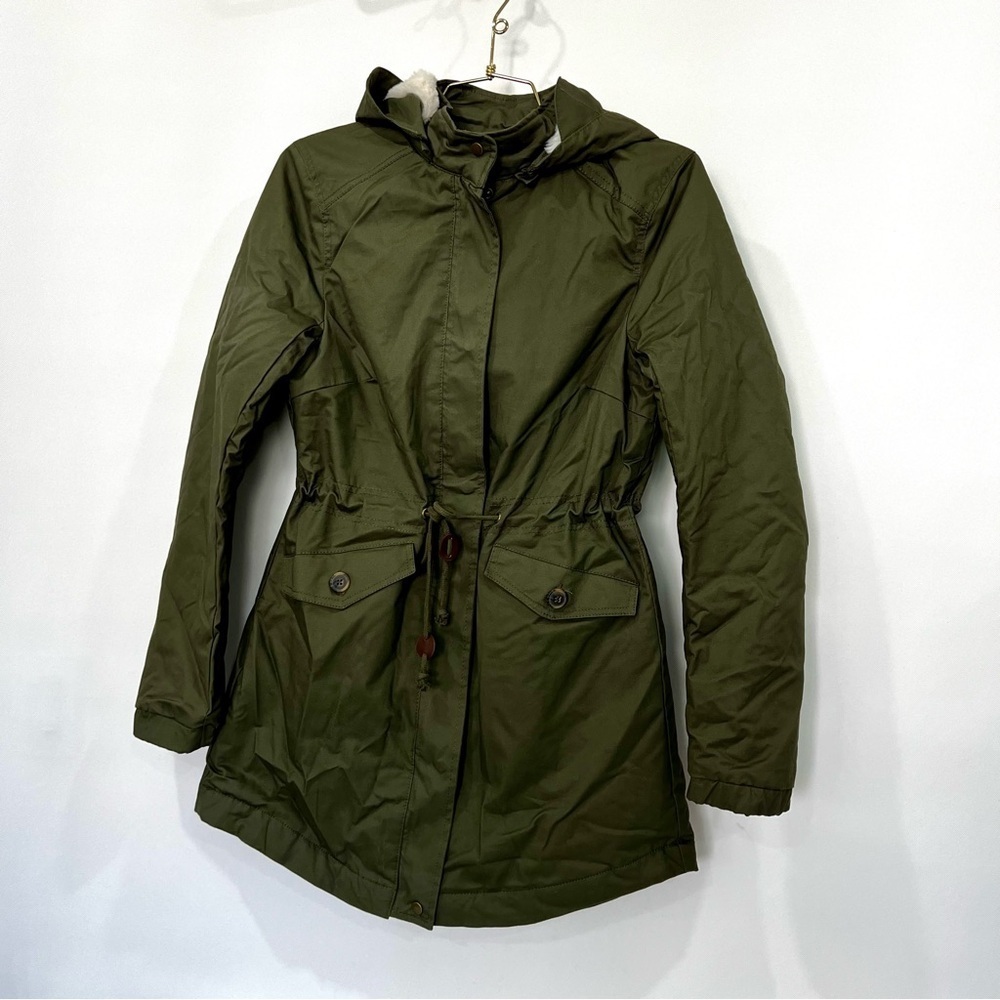 Jacket Quilted Lined Olive Green Size Small With Removable Faux Fur Hood Cotton